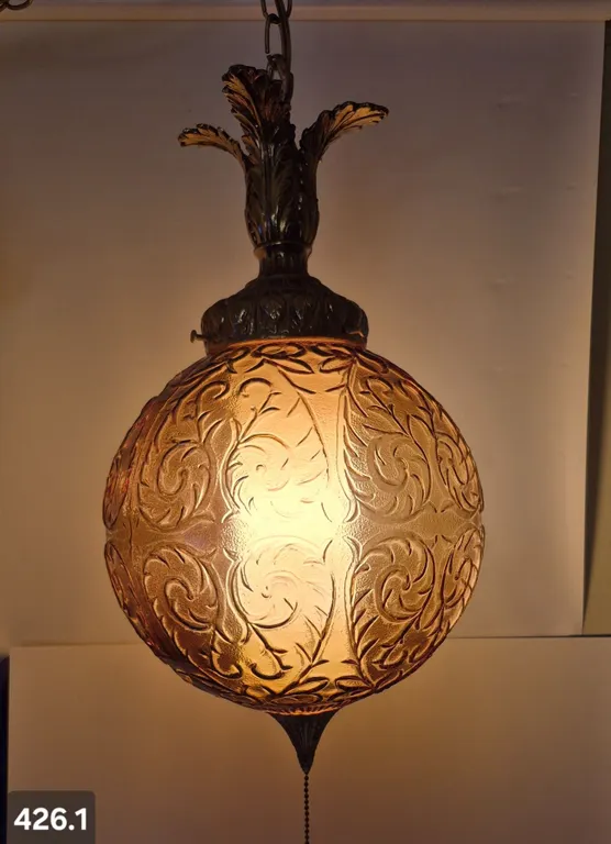 MCM Hollywood Regency hanging amber swag lamp with original light diffuser inside, works