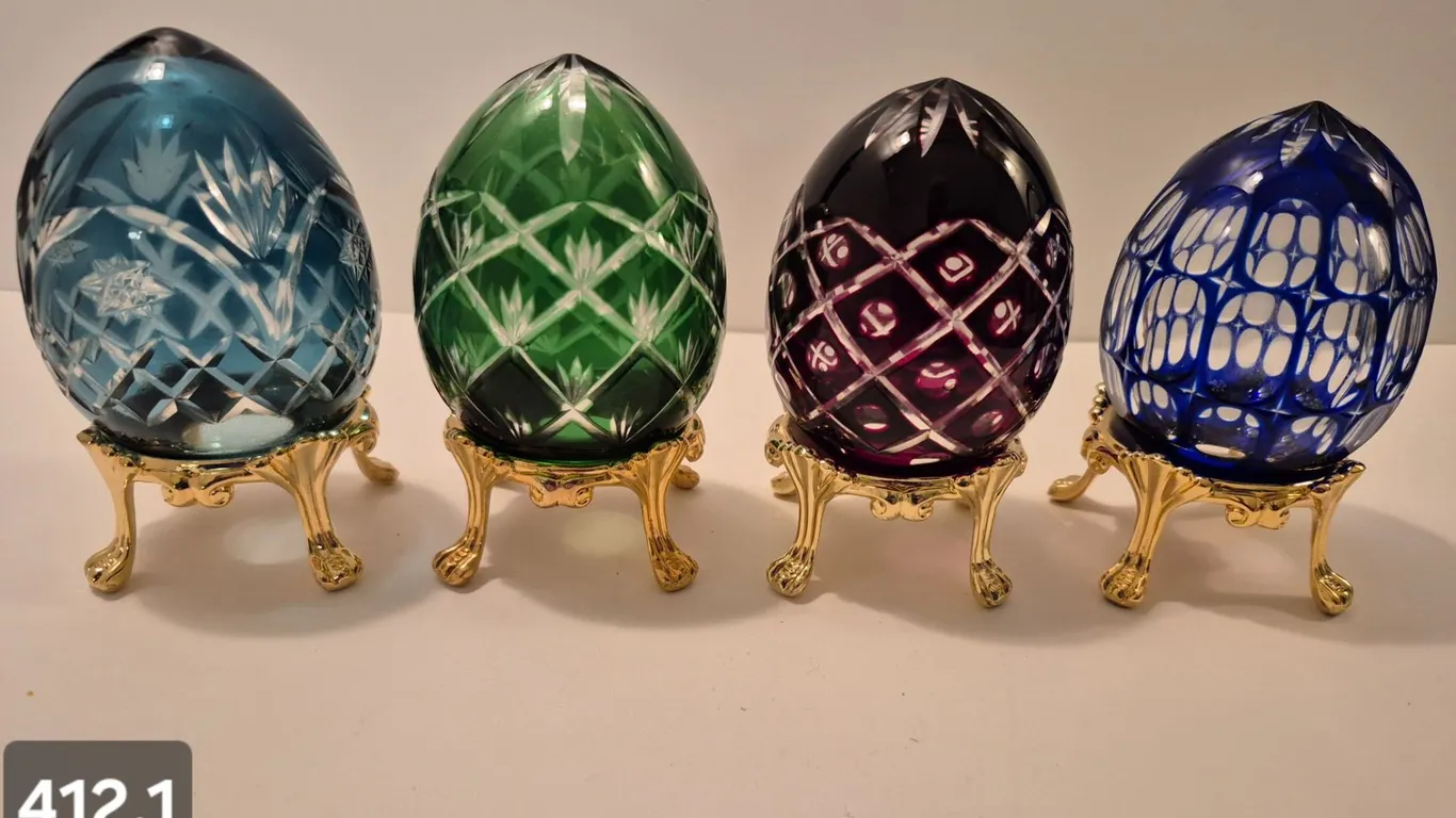 Group of 4 Bohemian cut glass eggs on 24k gold-plated stands