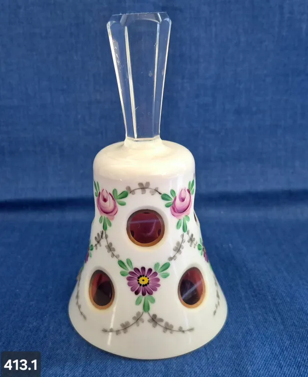 Vintage Bohemian cut-glass bell, cranberry and white glass, enamelled, 5 1/4 inches tall