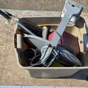Tub of Misc. Items – Gas Can, Satellite Dish, Magazines, etc.