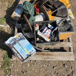 Pallet of Misc. Items – Spooled Webbing, Watering Can, Chimney Parts etc.