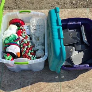 (2) Storage Totes w/ X-mas Décor & Journals