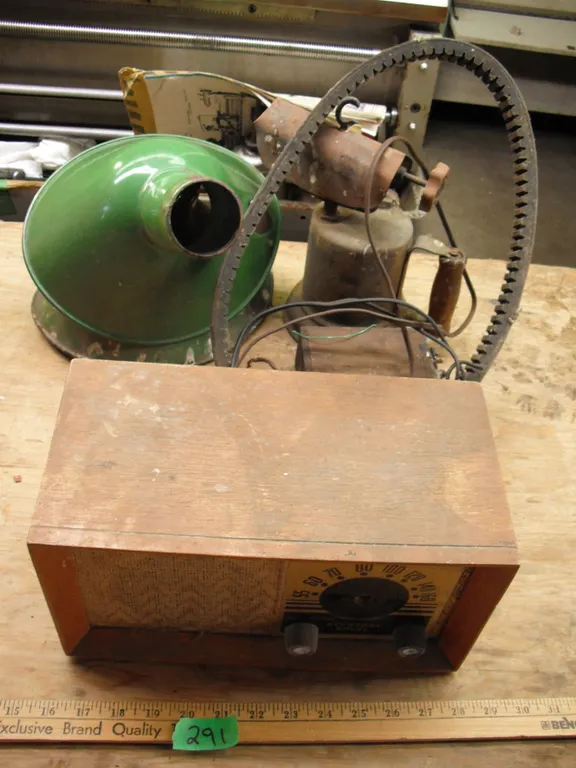 Keyston radio, blowtorch, 2 enamel light shades, model T coil, etc.