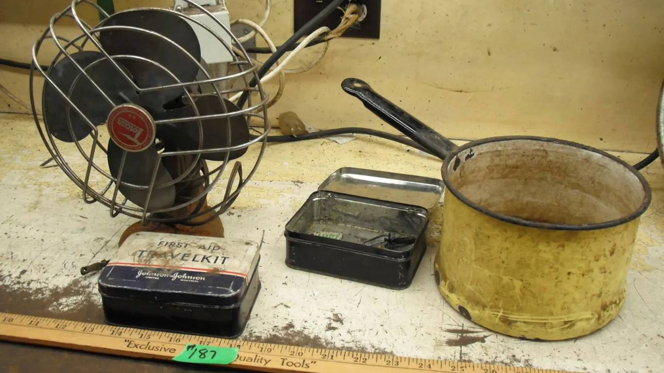 vintage Torcan fan, enamel pot & 2 first aid tins