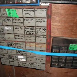 2x shop organizers - brass fittings, screws, steel balls, etc. - 14.5"x6"x18.5"H & 11.5"x5"x8"H