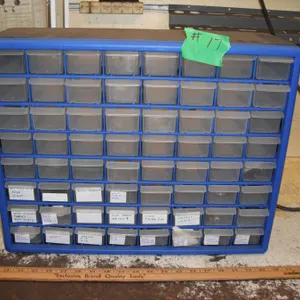 Shop organizer w/ misc. Gun related parts, scope mounts, screws, etc. - 19-3/4"x6-1/2"x15-1/2"H