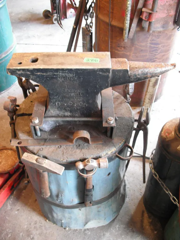 anvil with stand and tools - approx. 80lb anvil, marked "M&H Hole Sheffield". M&H Armitage mouse hol