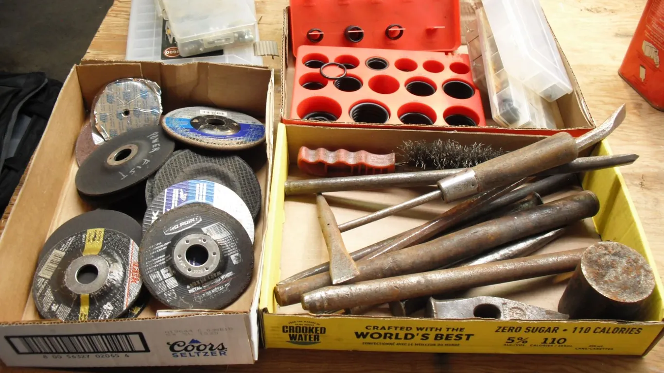grinding discs, prybars, seals, rivets, etc.