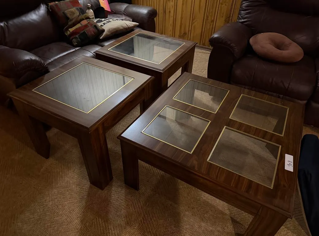 Wood and Glass Insert Coffee Table and (2) End Tables
