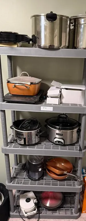 Grey Plastic Shelf with all Appliances and Cookware
