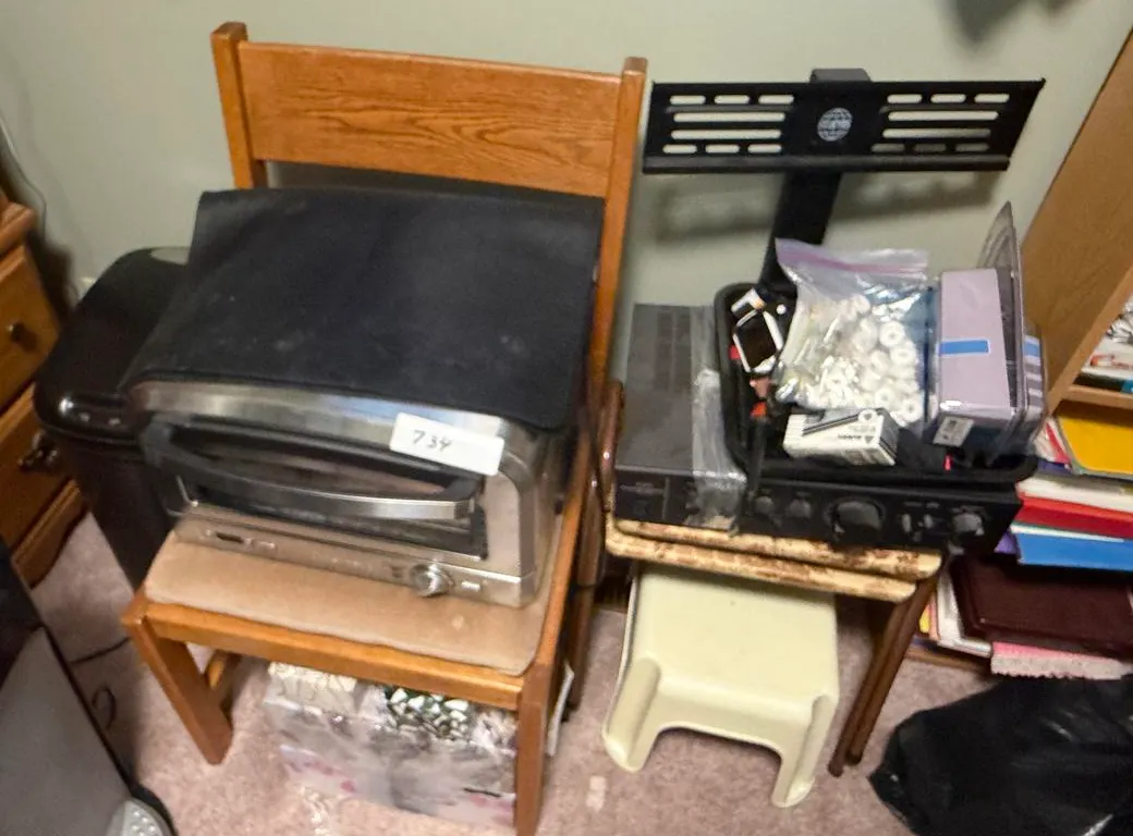 Wood Chair, Toaster Oven, Amp and Supplies
