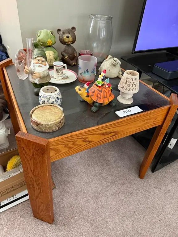 (2) Wood Glass Insert End Tables and Ornaments
