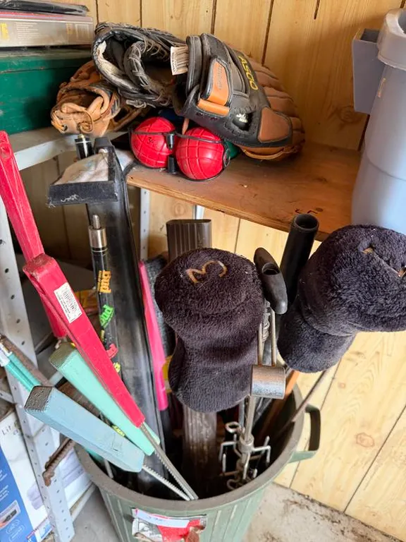 (2) Steel Saw Horses, Golf Clubs & Ball Gloves