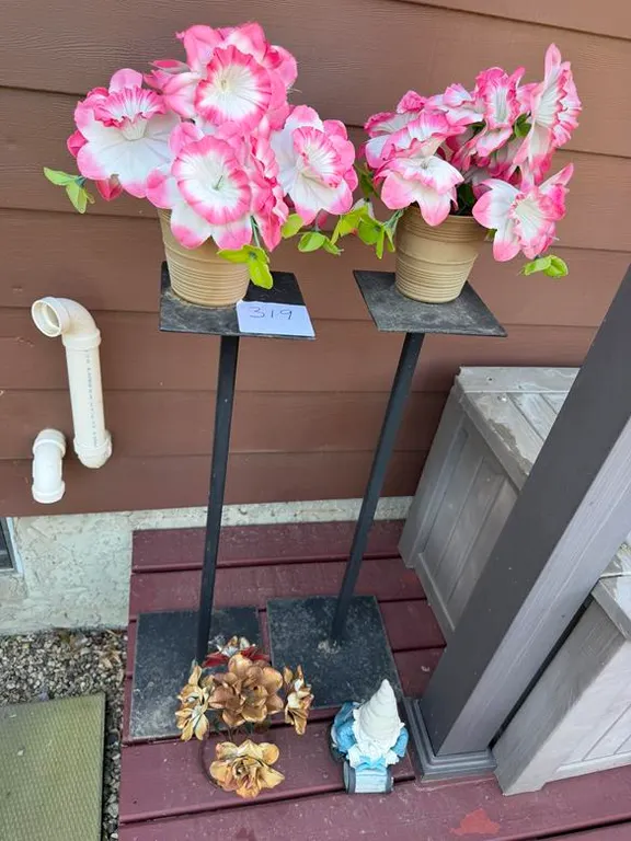 (2) Metal Plant Stands and Gnome
