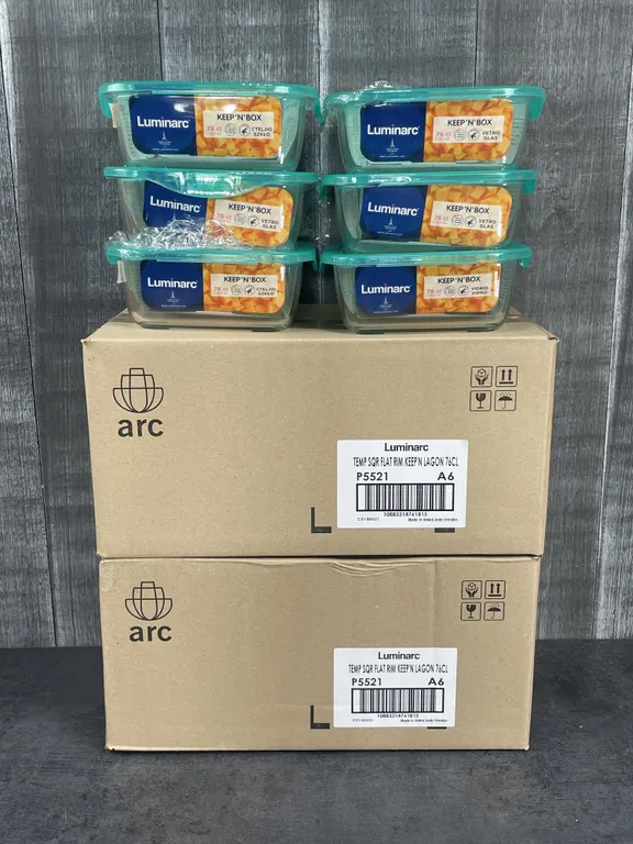 2 CASES OF 760ML GLASS SQUARE KEEP N BOXES, ARCOROC P5521 - 6/CASE - NEW