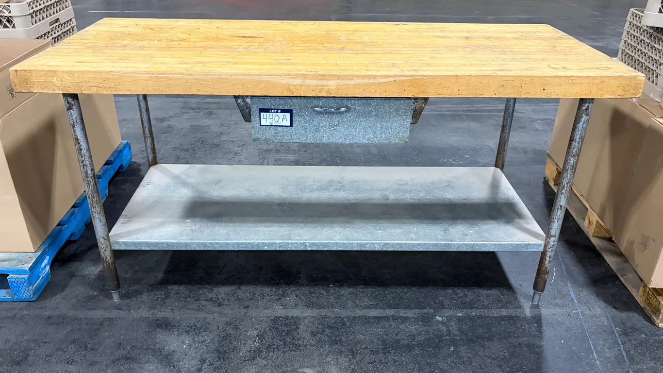 72" X 30" QUEST BUTCHER BLOCK TOP WORK TABLE WITH STAINLESS STEEL UNDERSHELF & DRAWER