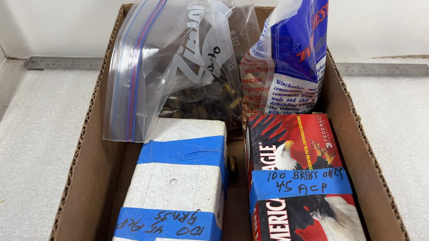 1 - Box Spent Brass, approx. 200 Shells/Casings & Bag .45 colt brass not spent, *Unreserved*