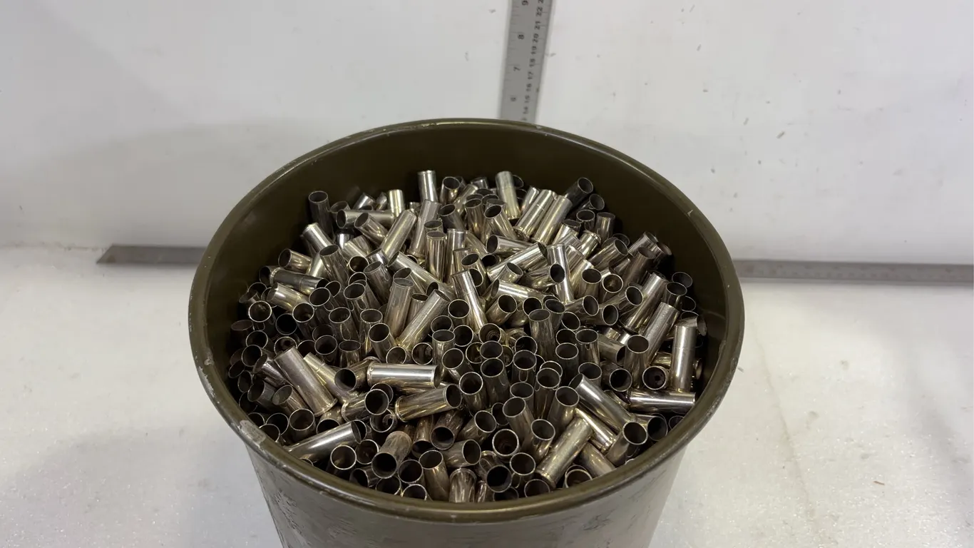 Metal bucket of .38 Special Spent brass, Approx. 24 lbs *Unreserved*