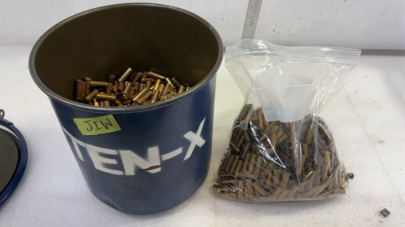 Metal bucket of .38 Special Spent brass, Approx. 18 lbs *Unreserved*