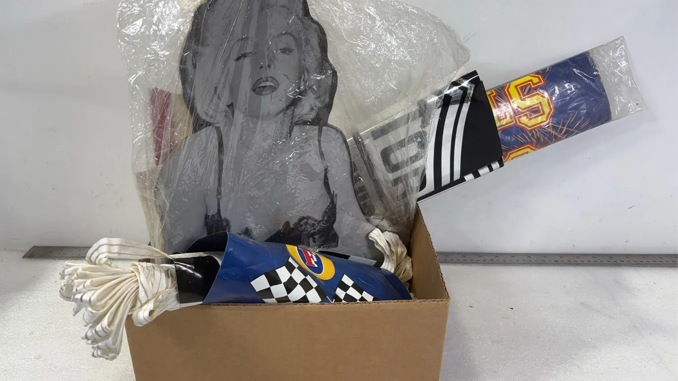 Box of Vintage flags, posters and Harley Decal, Approx 7 pce, *Unreserved*