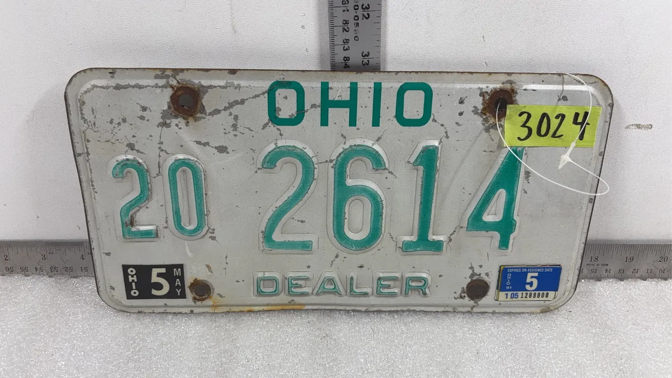 1 - Vintage Ohio Dealer License Plate, 1 - Vintage 1973 Ontario License Plate, Approx 6"x12", *Unreserved*