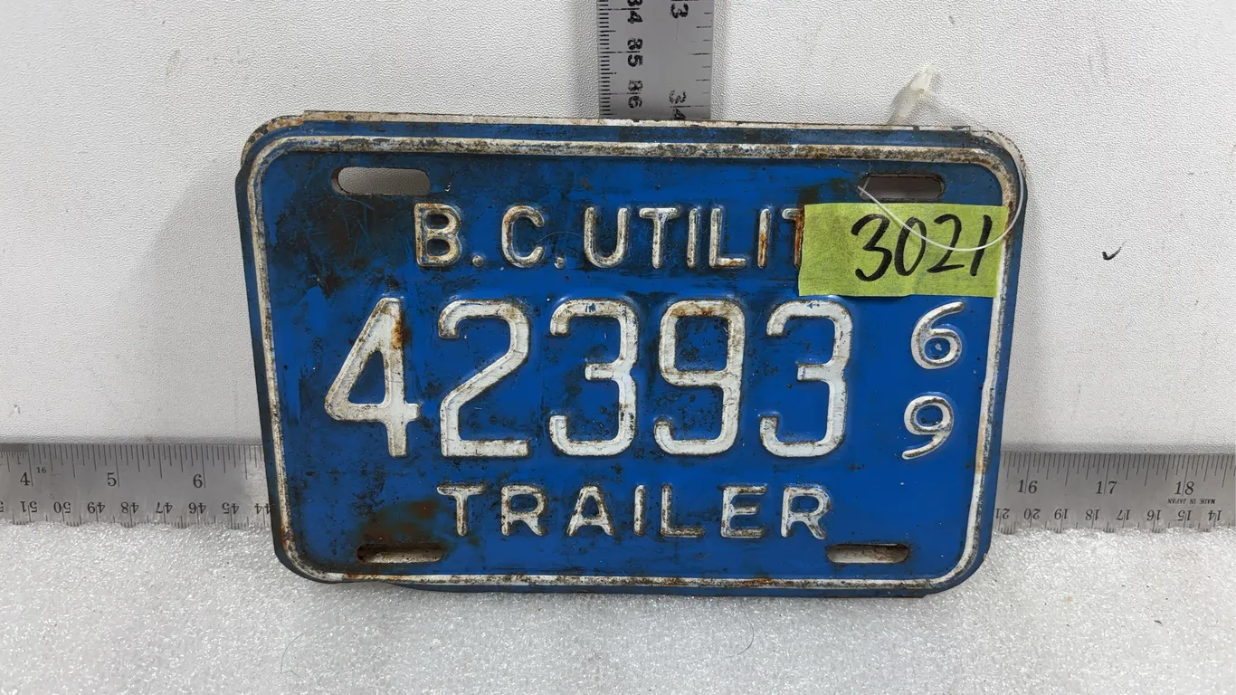 2 - Vintage 1968 & 1969 BC Trailer License Plates, Approx 6"x8", *Unreserved*