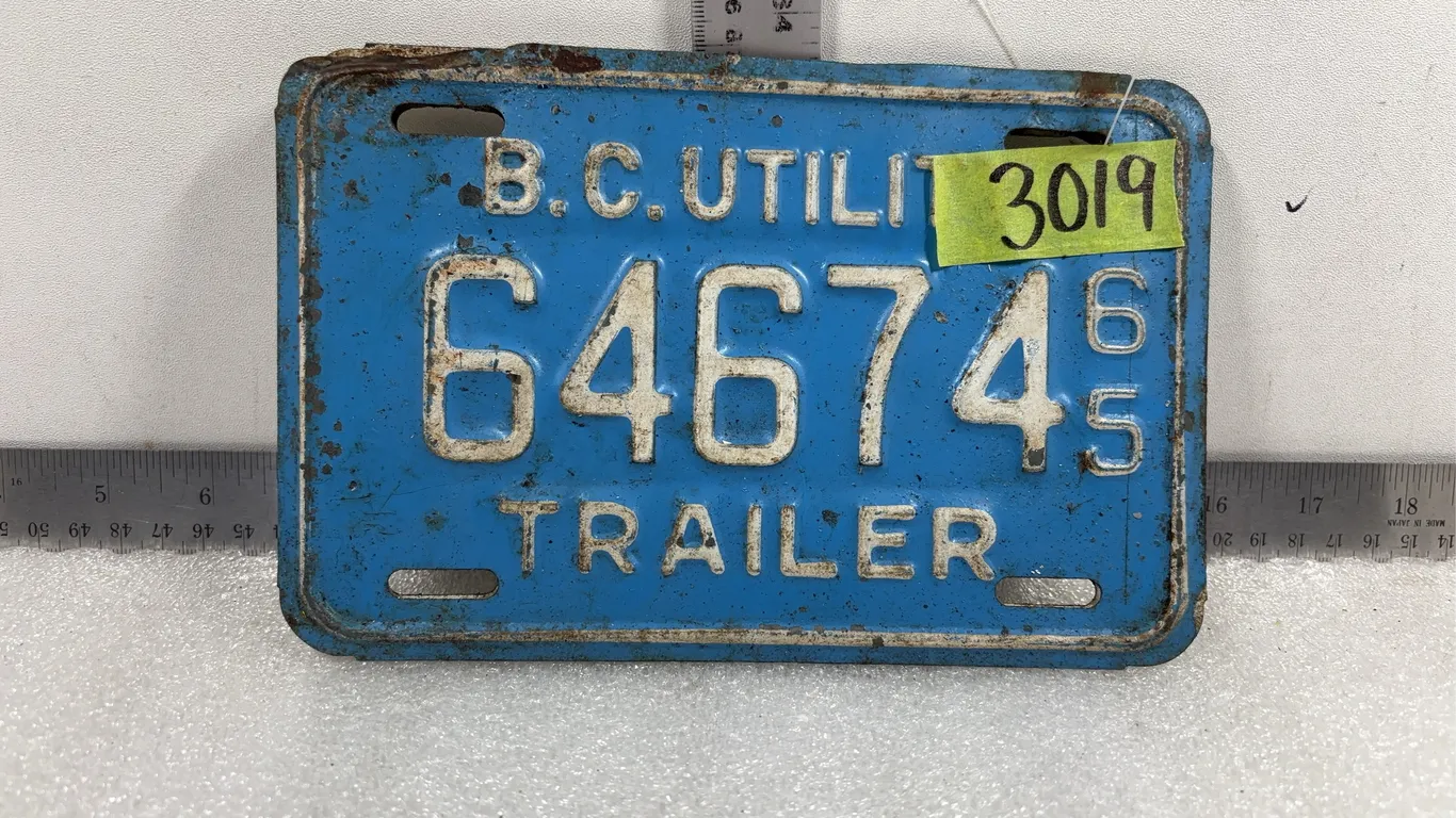 2 - Vintage 1965 & 1966 BC Trailer License Plates, Approx 6"x8", *Unreserved*