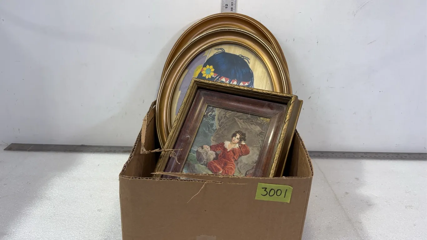 Box w/ 3 Vintage Framed pictures, Approx 12"x10" & 8"x9", *Unreserved*