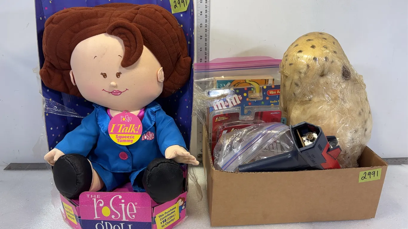 Box of Misc kids toys, letter blocks, toy car, talking Rosie doll, Approx 6 pce, *Unreserved*