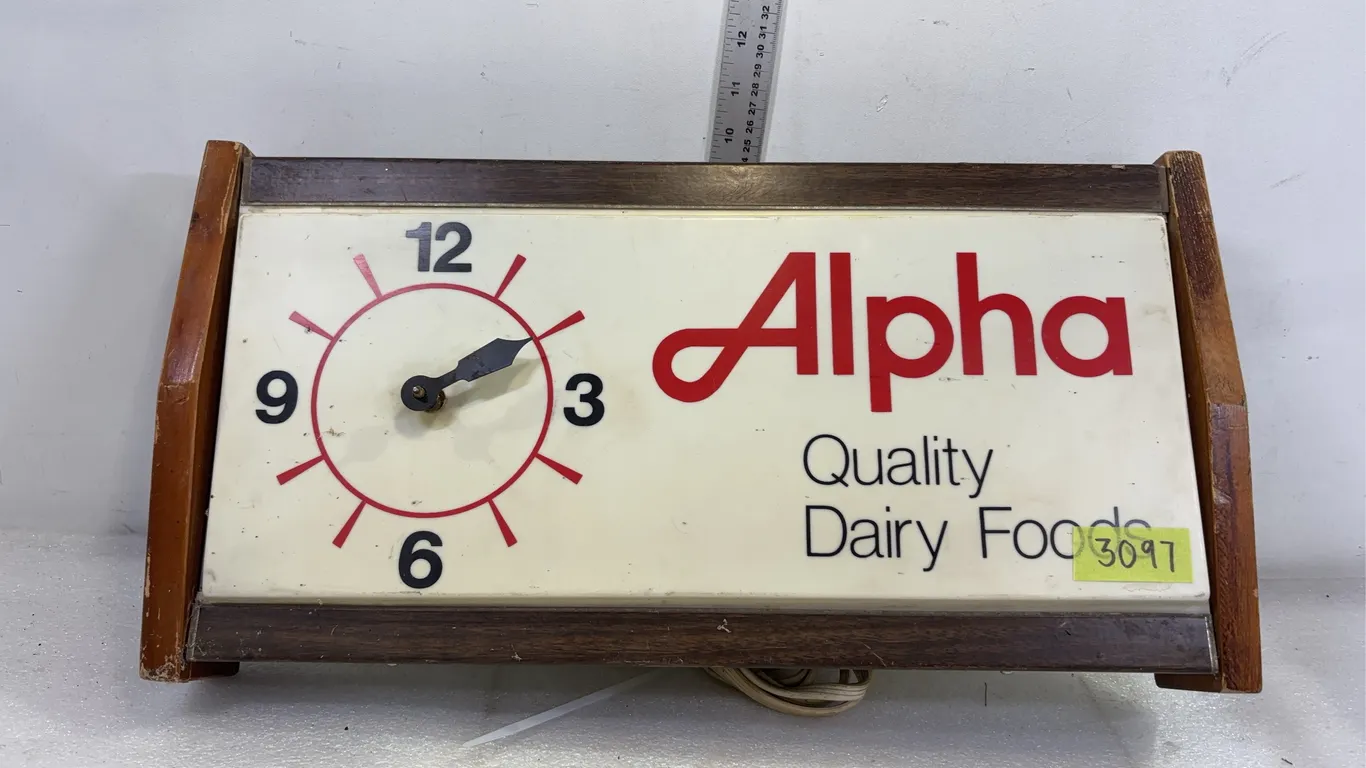 Vintage Alpha Dairy Back Lit Advertising Wall Clock, Approximately 20" x 11" x 5" *Unreserved*