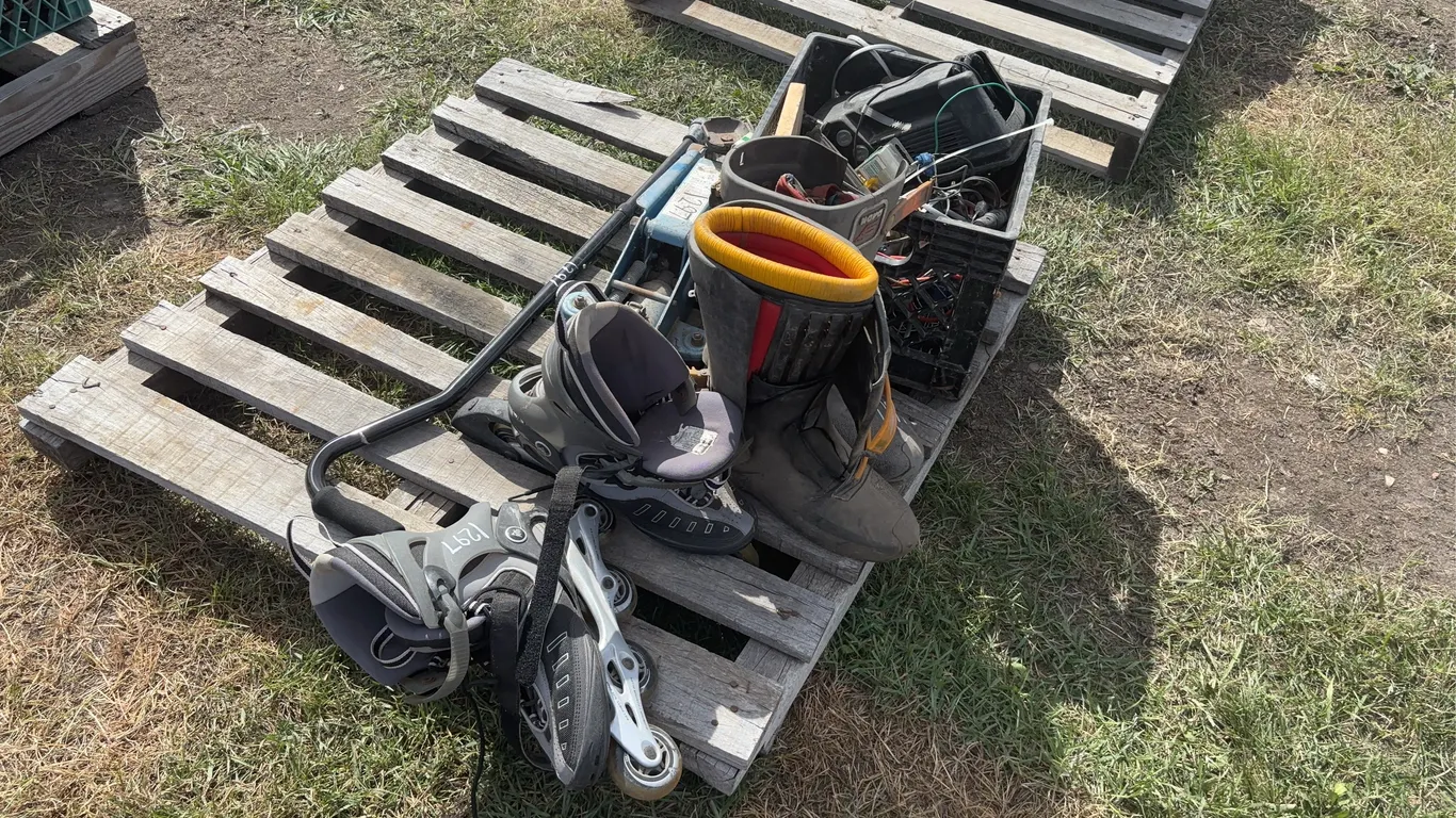 Jack, set of roller blades, dirt bike boots, misc motorcycle elect parts, *Unreserved*