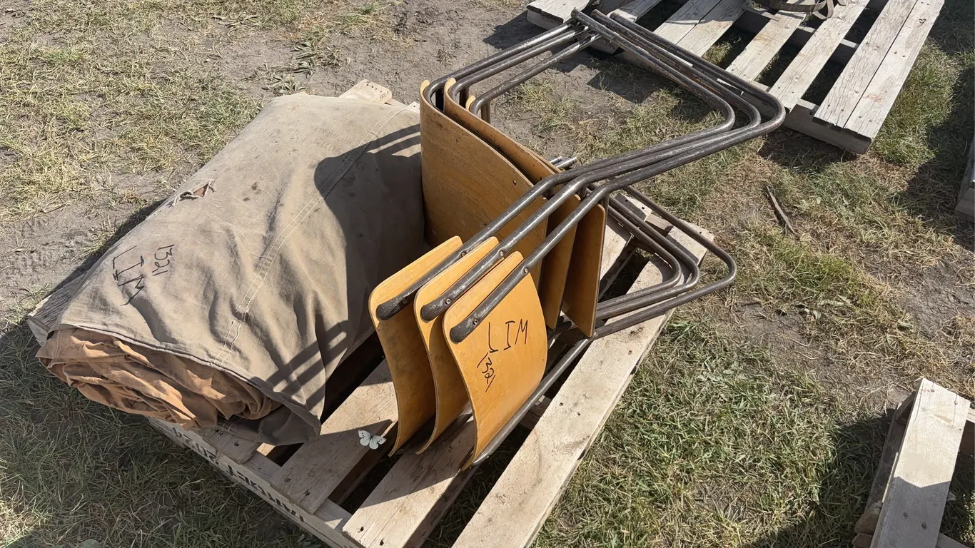 Wood/Steel frame chairs, (3), HBC 12'x9' rope cabin tent, *Unreserved*
