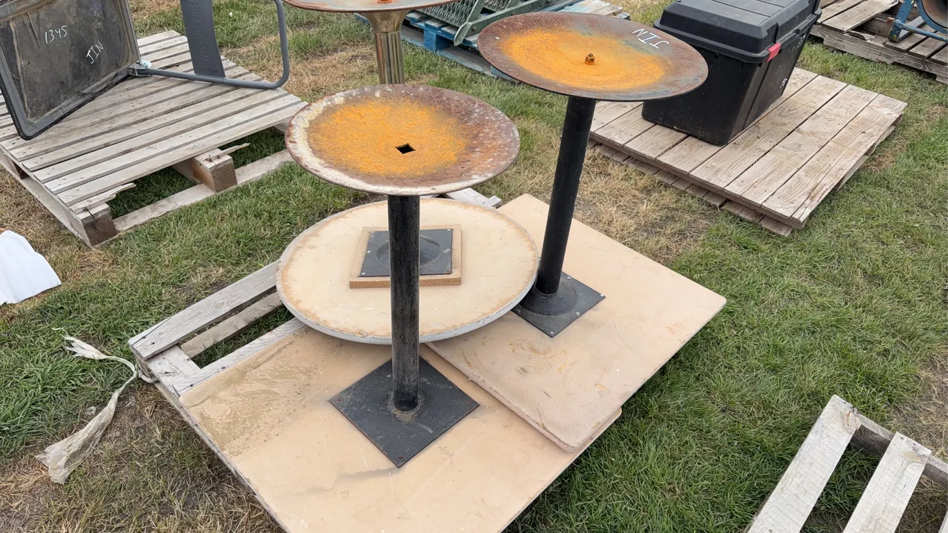 3 Tables, 2 square top, 1 round, steel bases, *Unreserved*