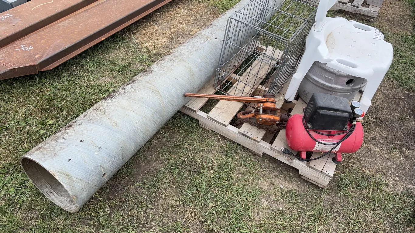 All Power Air compressor, steel come-along, plastic tube, shower chair, silver planter, animal cage, *Unreserved*