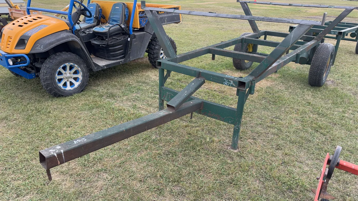 Steel Wagon Frame w/ wheels, green, Approx. 10' x 3'6'' x 2'5'' *Unreserved*