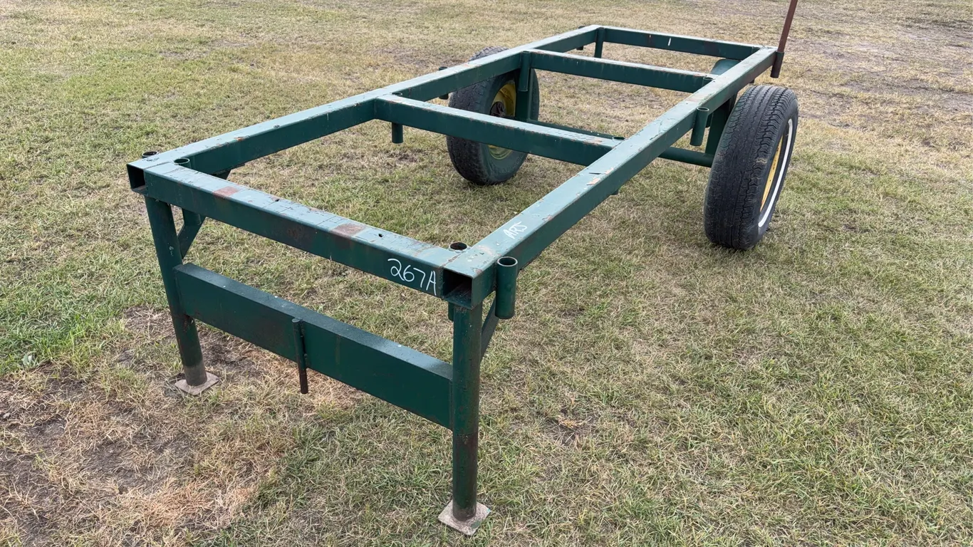 Steel Wagon Frame w/ wheels, green, Approx. 10' x 3'6'' x 2'5'' *Unreserved*