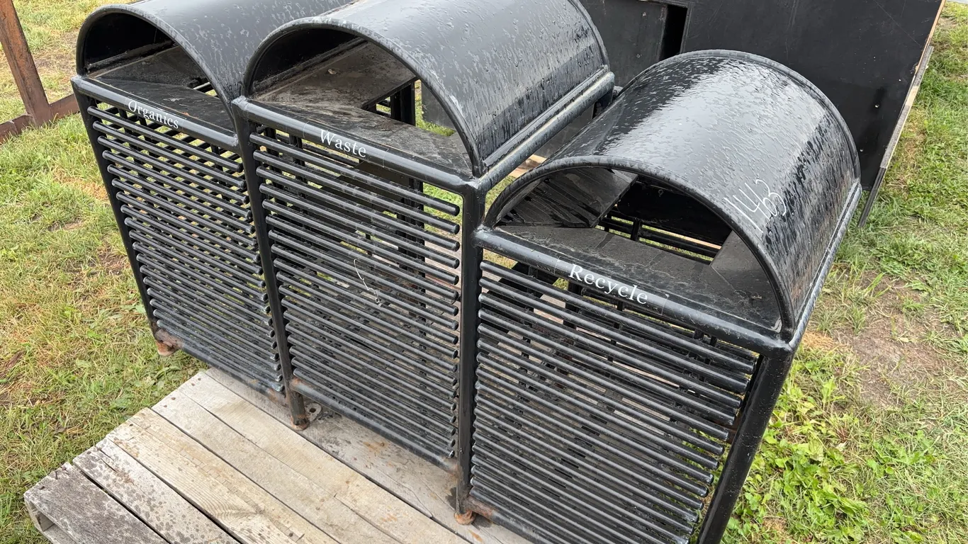 Metal frame Trash Receptacles, (Organics, Waste, Recycle), Approx. 4'4'' x 1'6'' x 2'11'' *Unreserved*