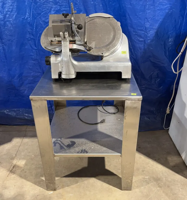 Berkel Commerical Gravity Fed Meat and Cheese Slicer Model 808 and Stainless Steel Work Table *Unreserved*