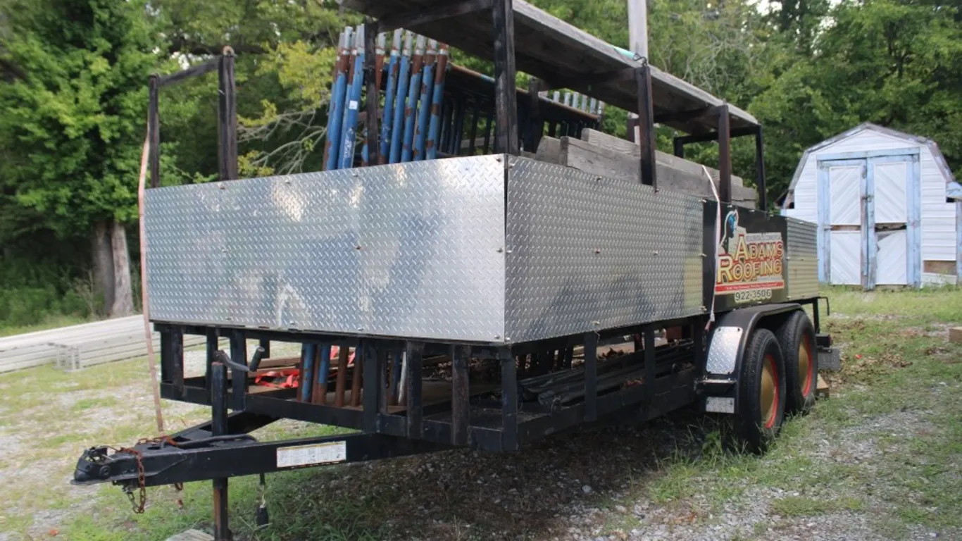 Dual Axle Utility Trailer Drop Ramp Fitted with Racks. Was Used for Scaffolding Hauling
