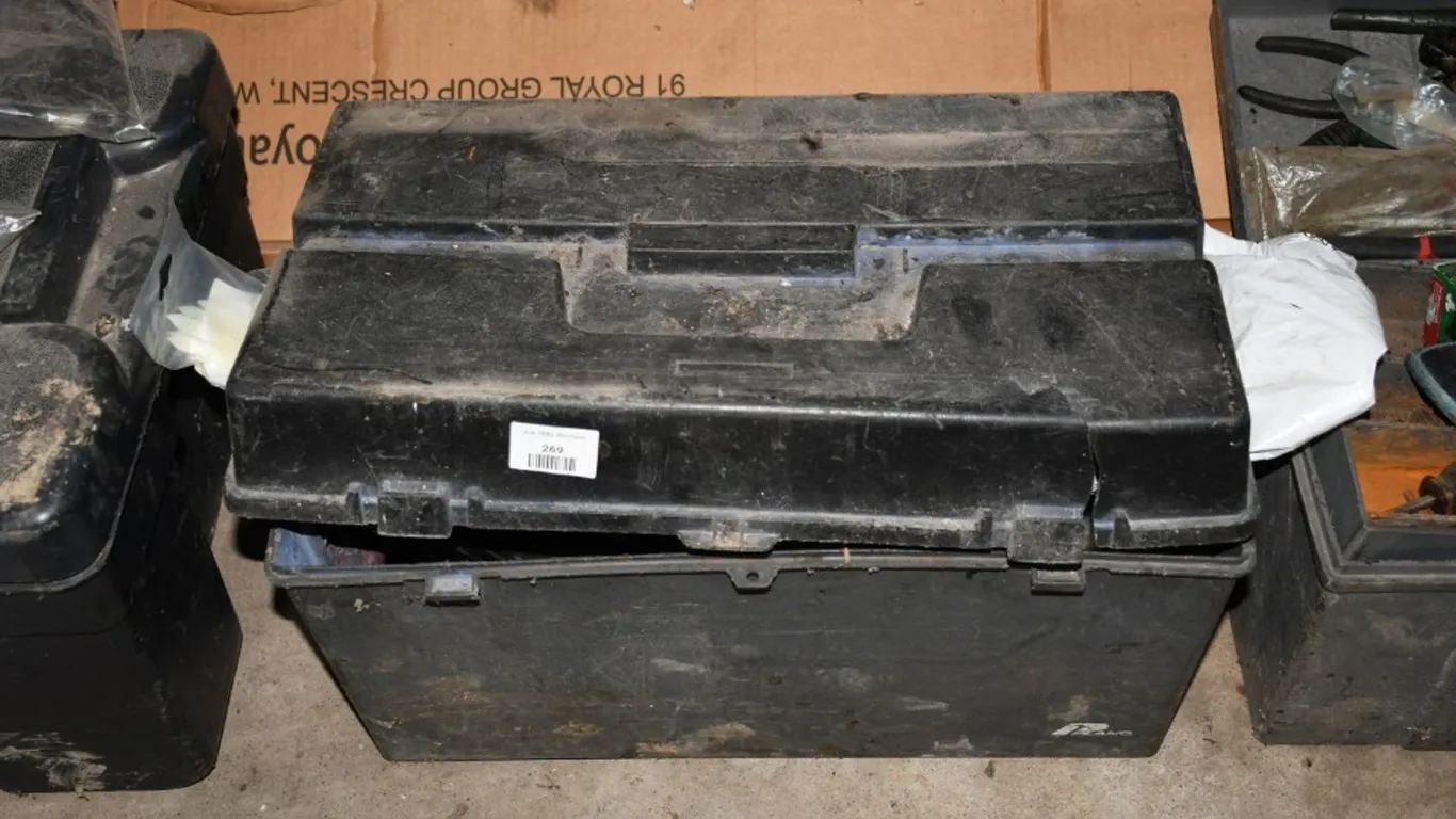 Toolbox with Tape Measures, Chalk Lines, and More