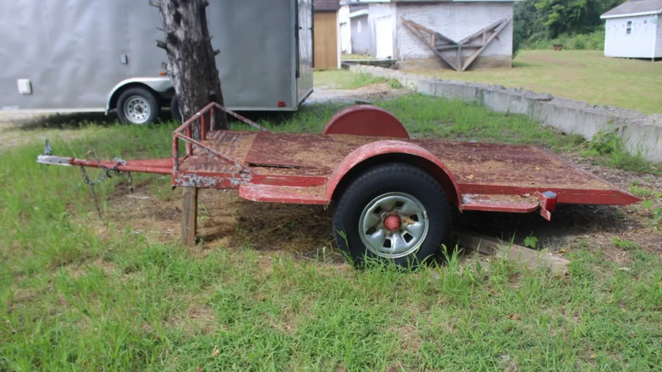 Homemade Tilt Trailer Plywood Floor, Cargo Area Is 10 Foot by 4.5 Foot. Tires Need Replaced