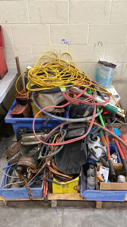 PALLET OF ASSORTED SHOP ITEMS- TOOLS, HOSE, CLAMPS, CUTTERS, HOSE, TOOLBOX, EXTENSION CORDS & MORE