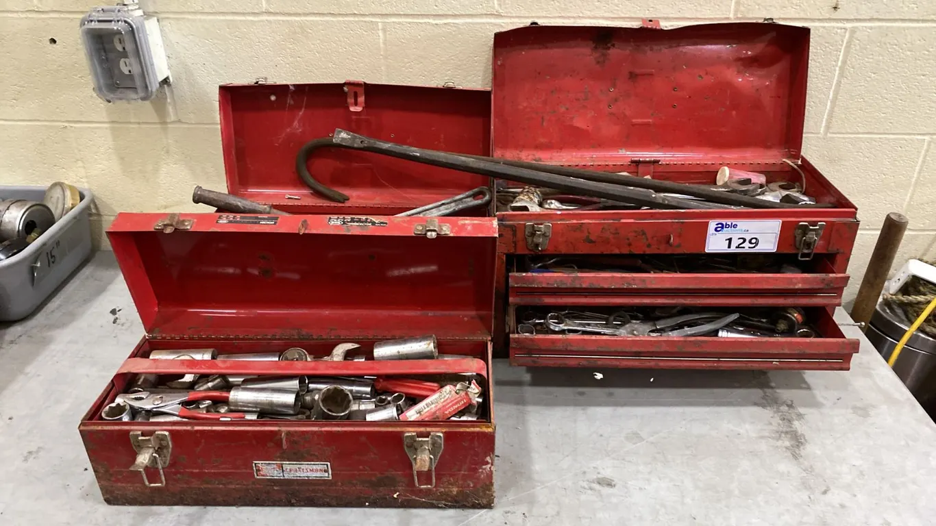3 RED METAL TOOL BOXES WITH ASSORTED TOOL CONTENTS