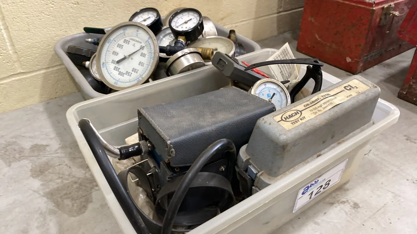 2 BINS OF ASSORTED REGULATORS, GAUGES, GASTEC COMBUSTIBLE GAS DETECTOR, THERMOMETER & MORE