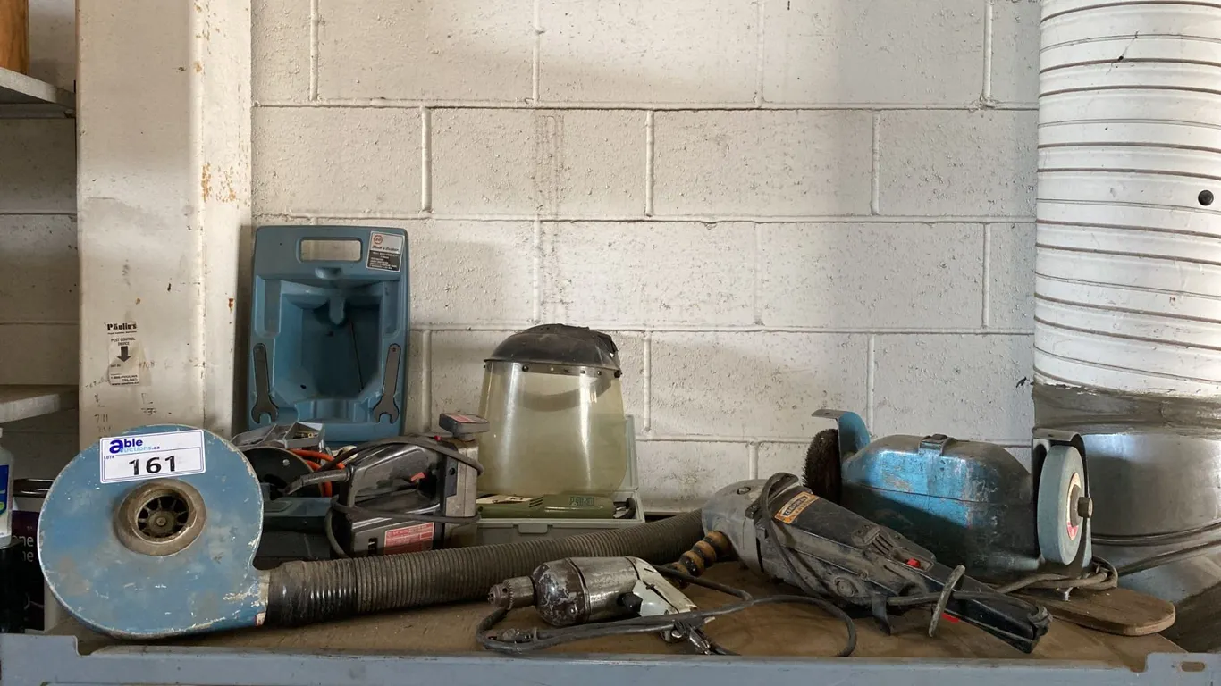 SHELF OF ASSORTED VINTAGE TOOLS- CADILLAC BLOWER, BLACK & DECKER 7611 ROUTER KIT, CRAFTSMAN