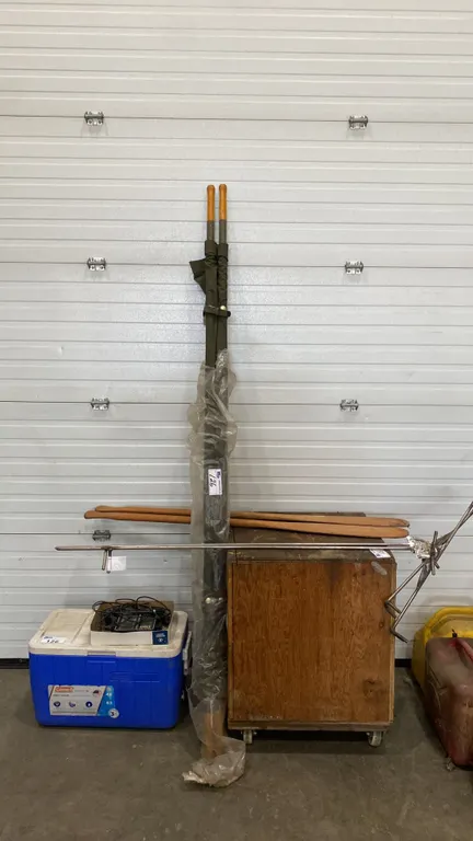 VINTAGE ARMY STRETCHER, LOWRANCE EAGLE Z-6000 FISH FINDER, 2 ROD HOLDERS, COLEMAN COOLER, 2 WOODEN