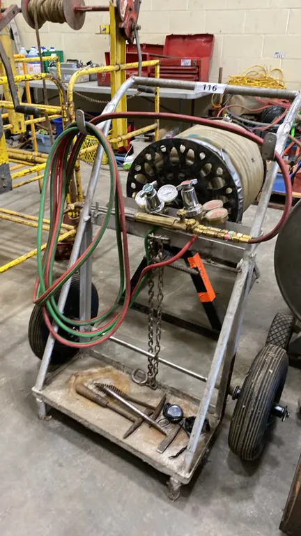 WELDERS MOBILE DOLLY WITH OXY-ACETYLENE HOSE, TORCH, GOGGLES, HAND TOOLS & REGULATORS