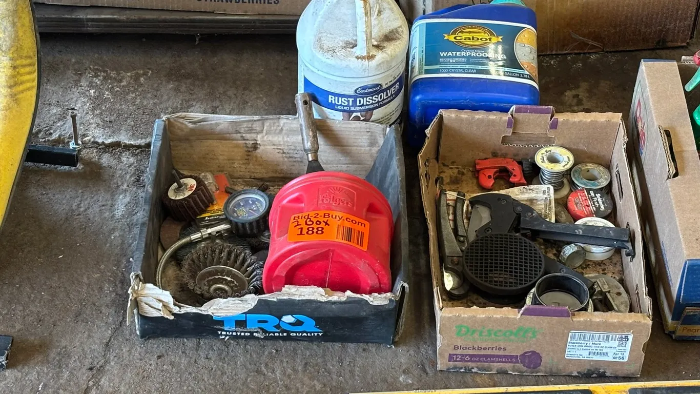 Level, Wire Wheel, and Plumbing Supplies