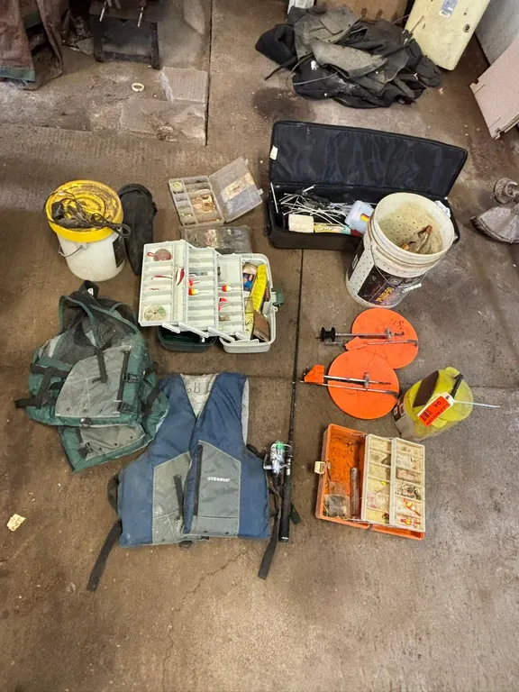 Carrying Case with Ice Fishing Supplies, Tackle Boxes, Life Jackets