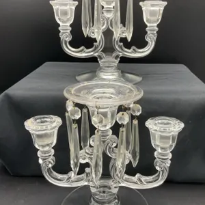 Pair of Vintage Clear Glass Three-Lighted Candelabrum with Removable Glass Bobeche Candle Drip Rings